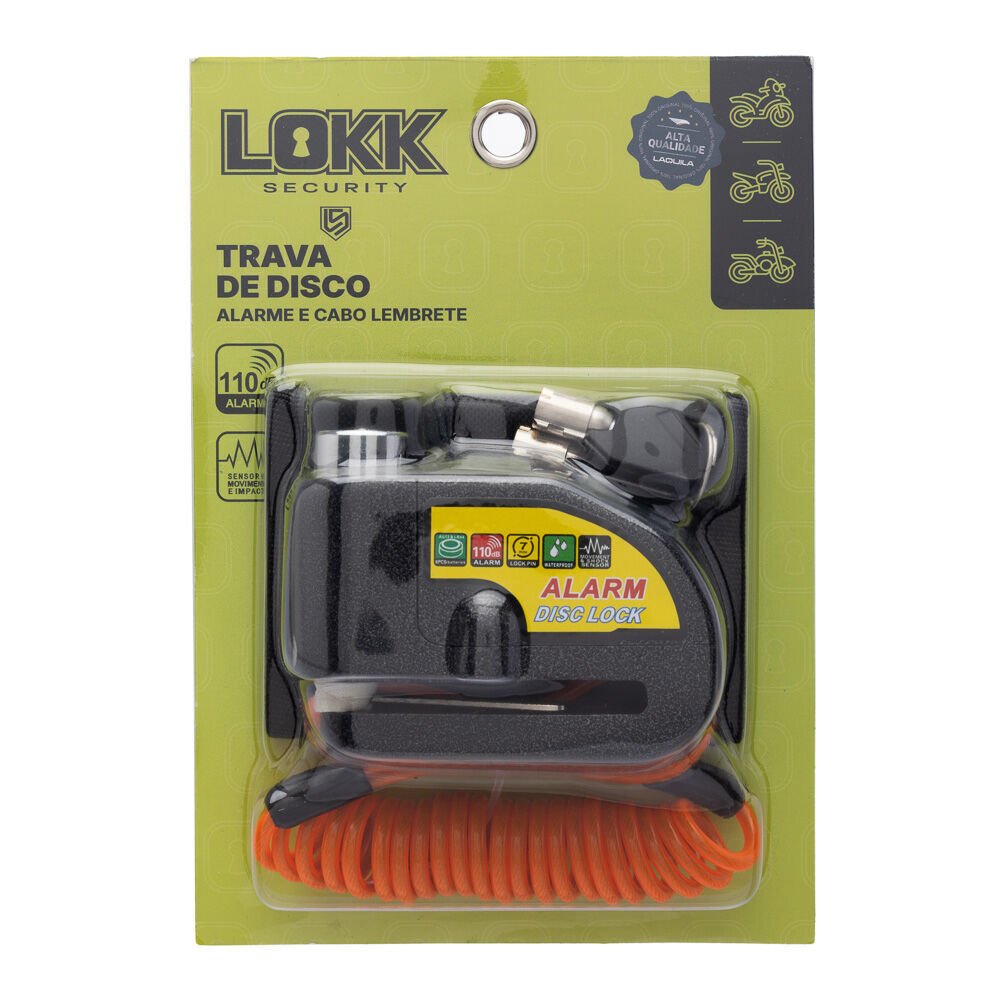 TRAVA DE DISCO LOKK SECURITY ALARME E CABO LEMBRETE AMARELO